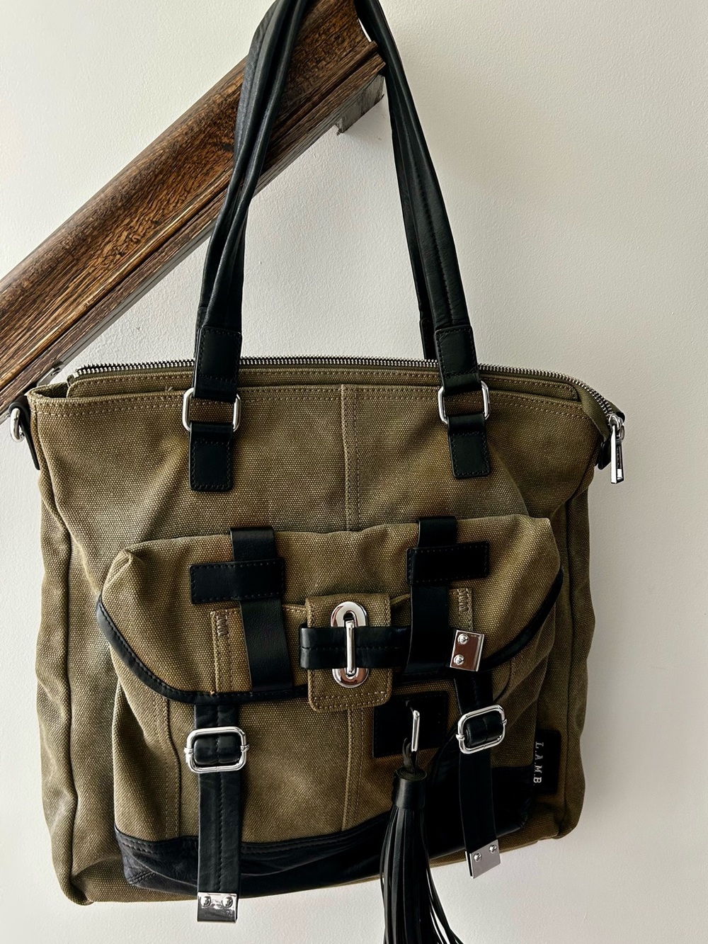 L.A.M.B. Olive Canvas Messenger Bag with Black Trim